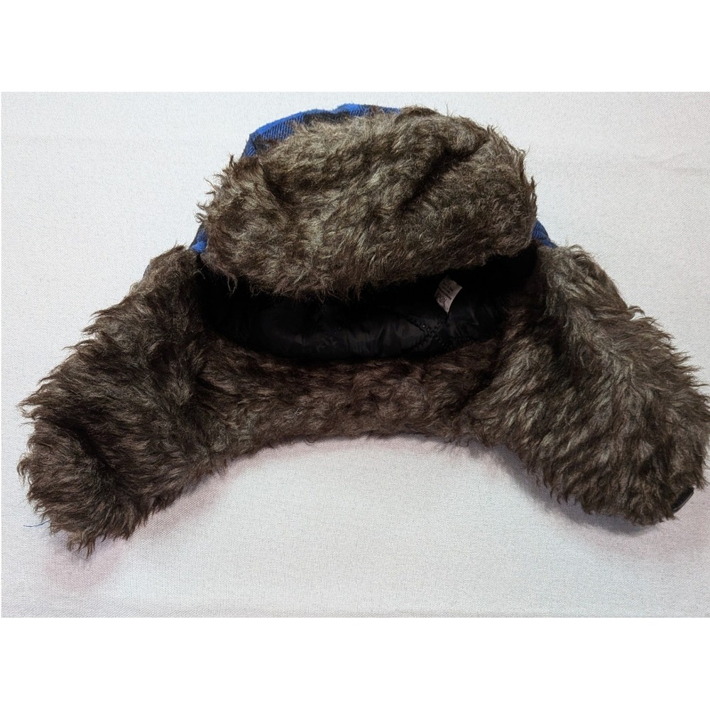 True Gear North Trapper Hat Mens OSFM Blue Black Good Buffalo Plaid Faux Fur